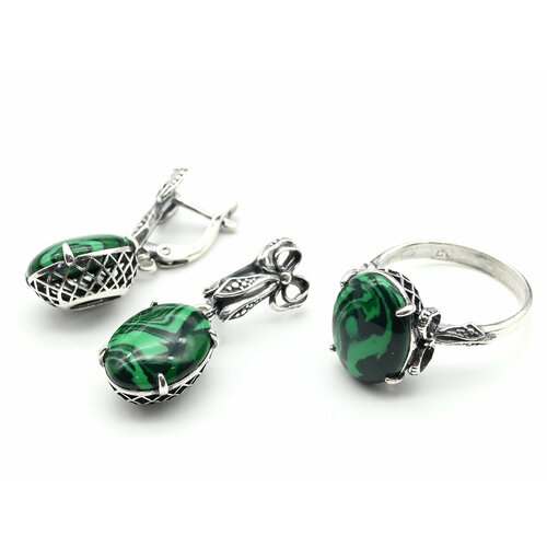 Комплект бижутерии: серьги, кольцо, малахит синтетический, размер кольца 17, зеленый