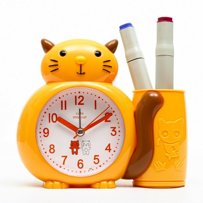 Часы - органайзер с будильником "Кот", дискретный ход, d-8 см, 15.8 x 13.5 см, АА