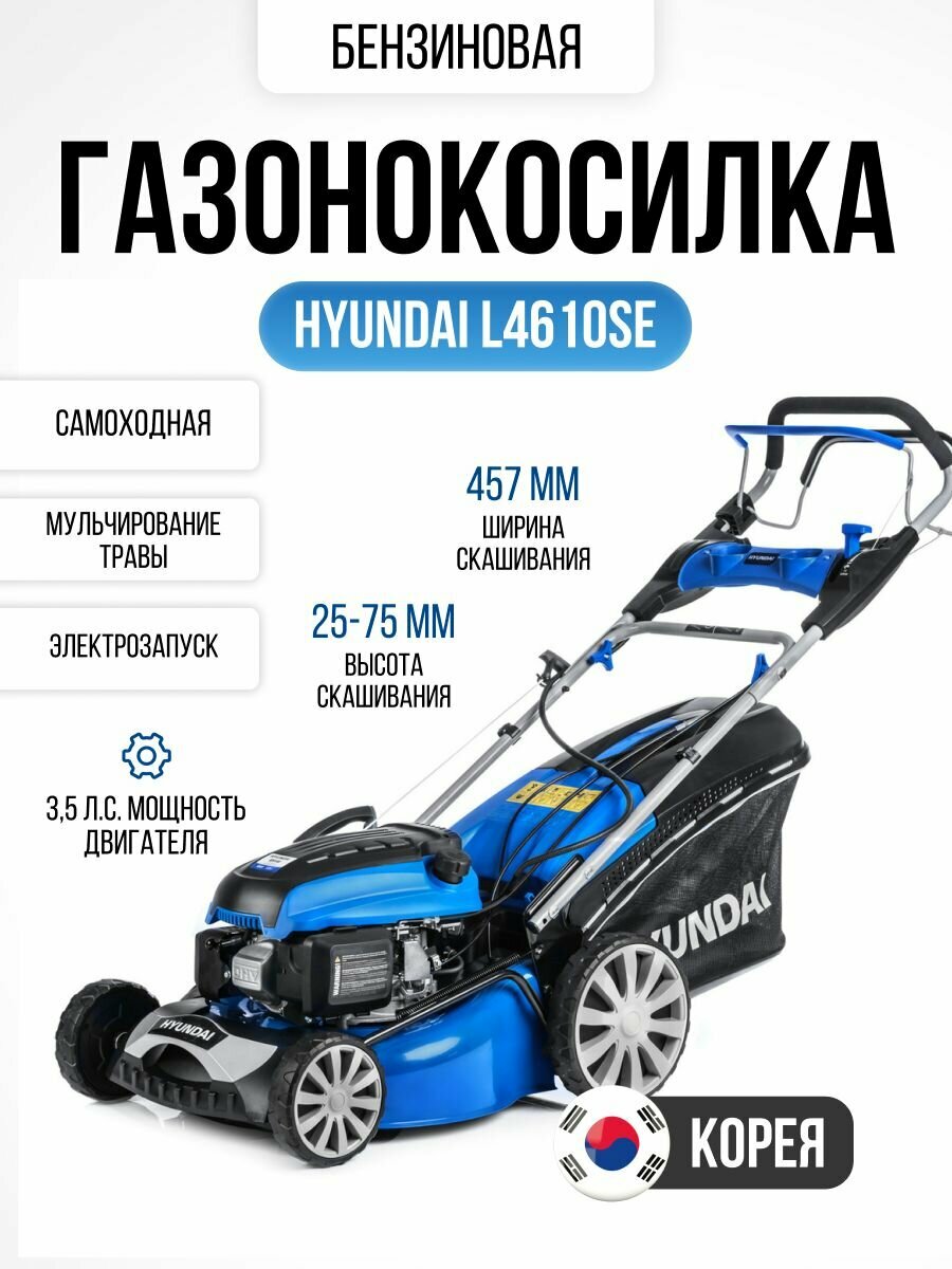 Газонокосилка бензиновая самоходная с электростратером Hyundai L 4610 SE (3,5 л. с, 35 кг, ширина скашивания 45,7 см, высота скашивания 25-75 мм)