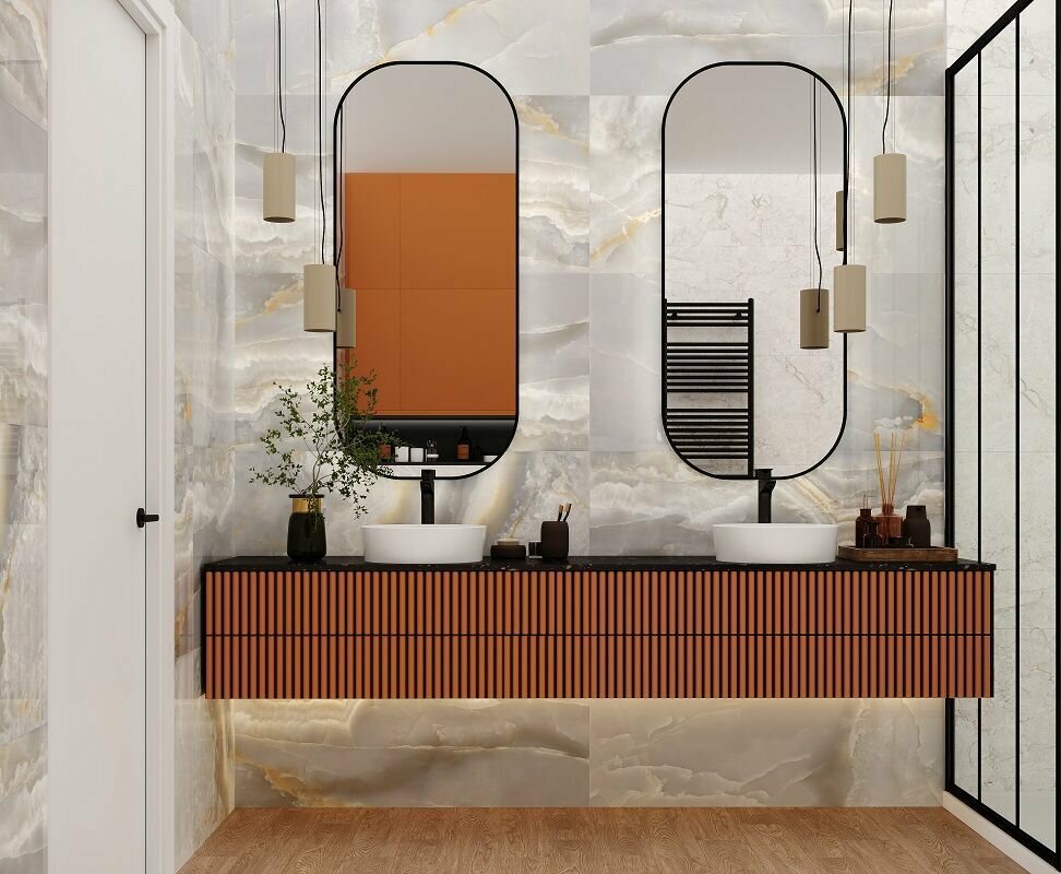 фото Керамогранит Onyx Azul серый Полированный 60x120, 1 уп (2 шт, 1.44 м2)