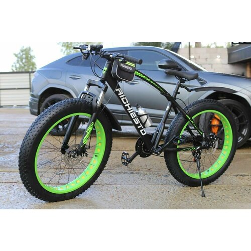 Велосипед горный Фэтбайк Fatbike Richiesto 26 На спицах ВзрослыйПодростковый Рама 21 Вездеход Проходимый Для снега и песка черно-салатовый 3190000₽