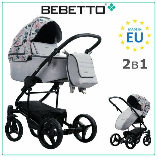 Универсальная коляска Bebetto Torino TEX (2 в 1), серый/цветы, цвет шасси: черный