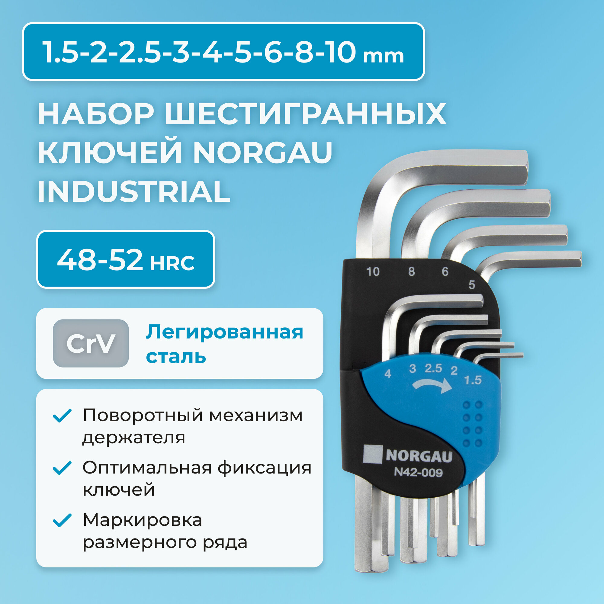 Набор шестигранных ключей NORGAU Industrial в поворотном держателе с маркировкой, 9 шт