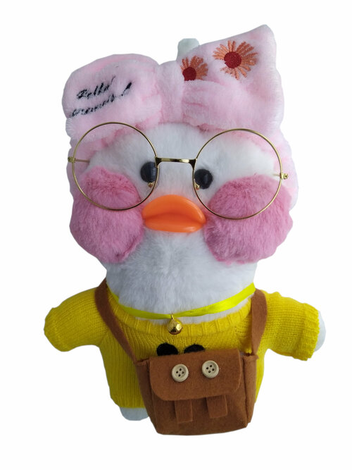 Мягкая игрушка уточка Лалафанфан 30 см. белая в желтом свитере с розовой повязкой
