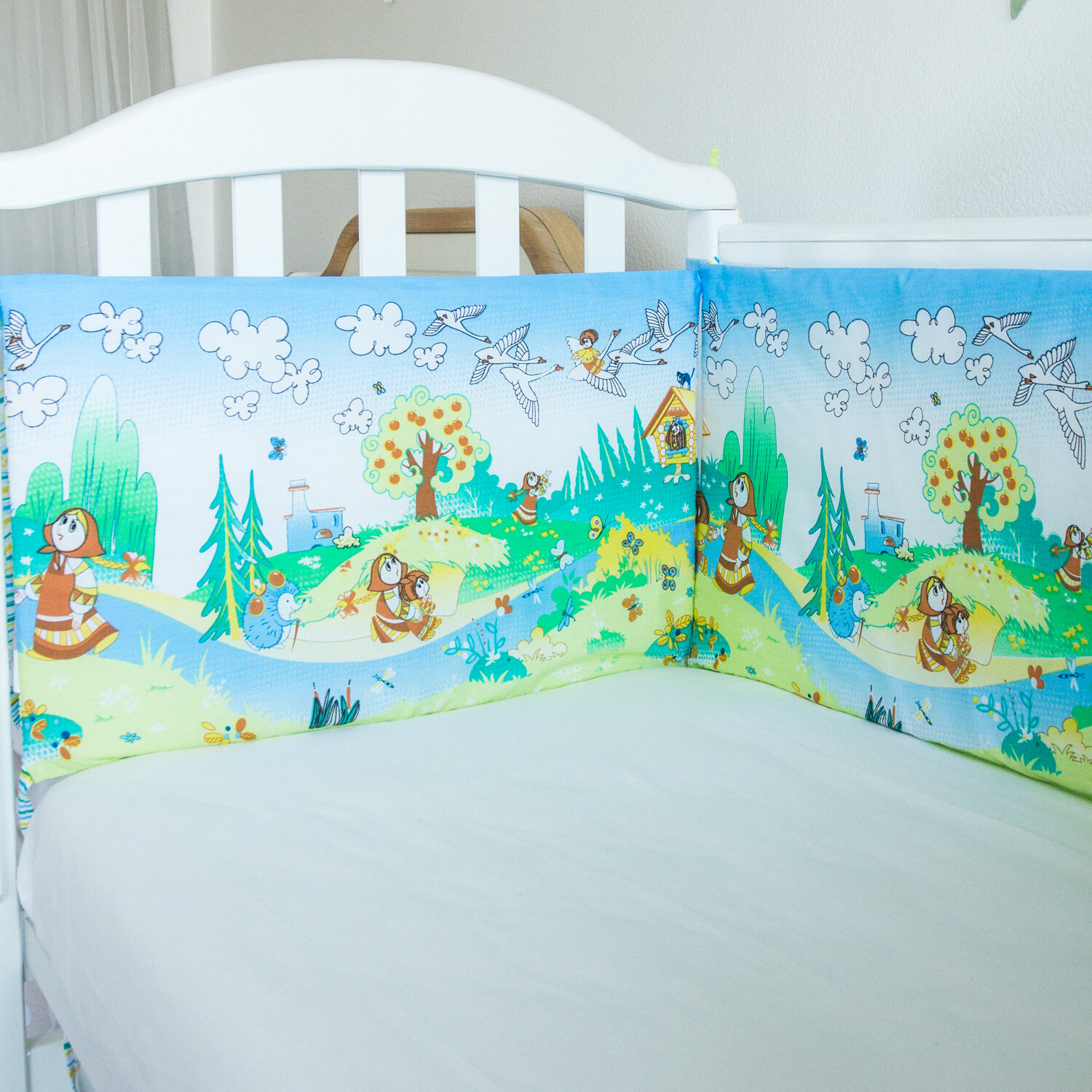 Бортики в детскую кроватку 120х35-2 шт; 60х35-2 шт "Гуси лебеди"; Бортики в кроватку для новорожденных; Бортик в кроватку; Бортик на кровать защитный