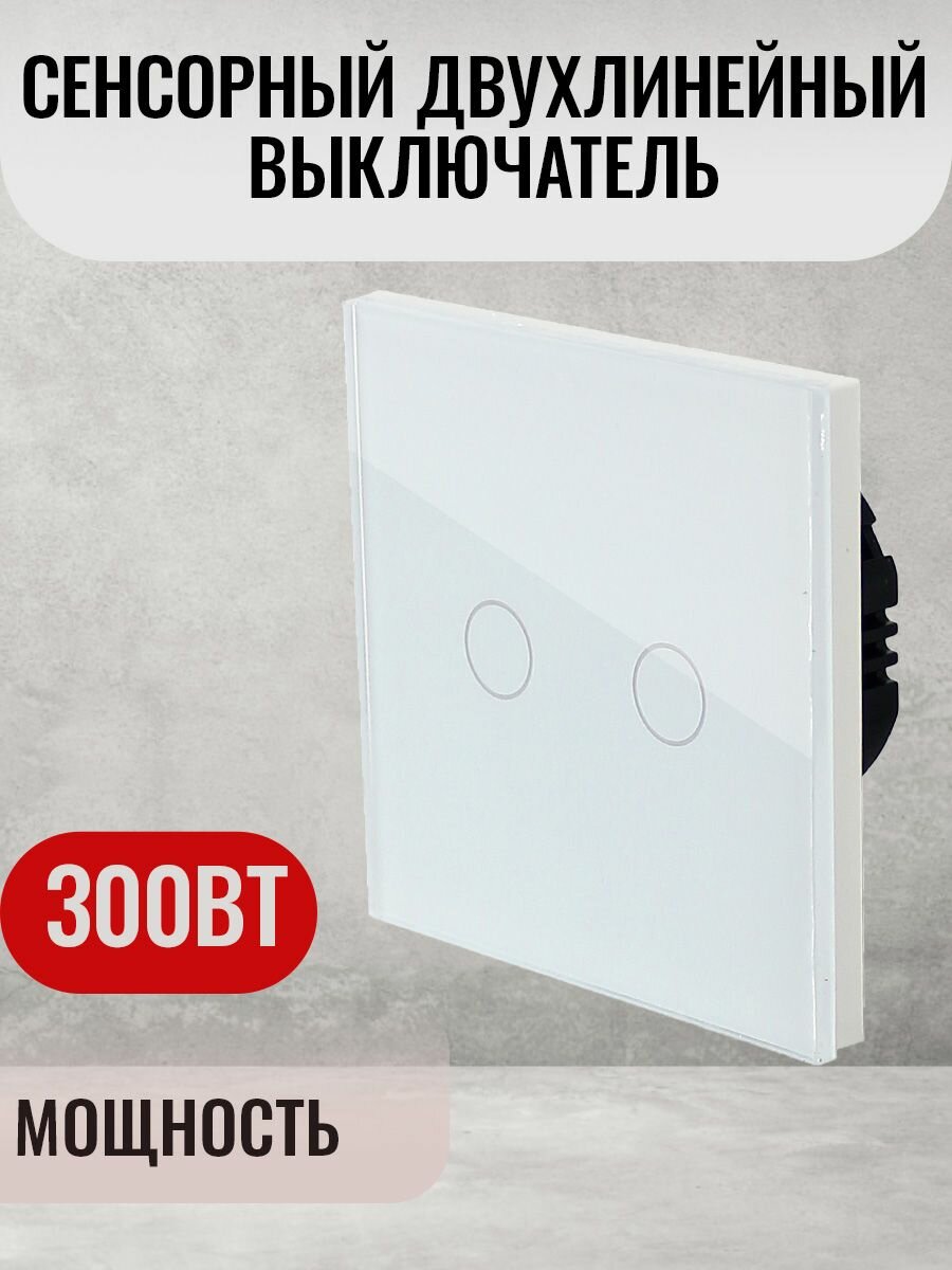 Сенсорный выключатель двухклавишный с подсветкой 300W, панель стекло белый