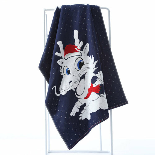 Полотенце банное хлопок 120х62 см с драконом символ 2024 года темно-синее