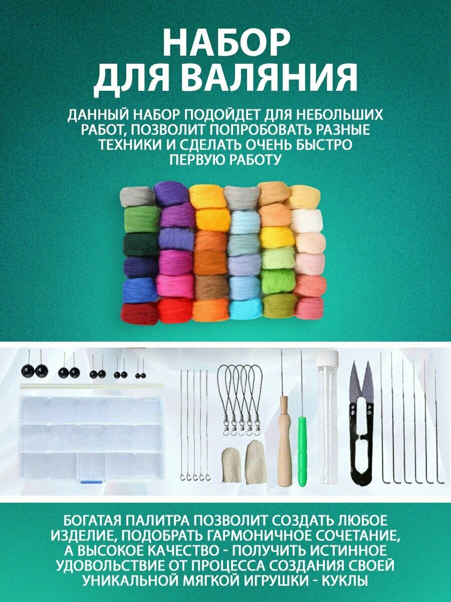 Набор для валяния из шерсти 36 цветов в зип - лок упаковке, для творчества, рукоделия и фелтинга