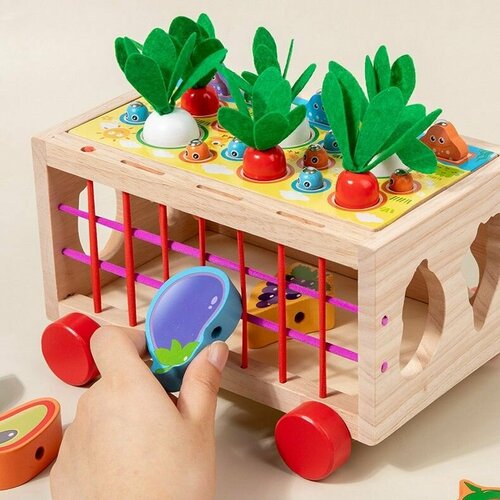 Развивающая игрушка из дерева Сортер-каталка с магнитной рыбалкой, морковками, шнуровка, магнитная игра для малышей, выдерни морковку