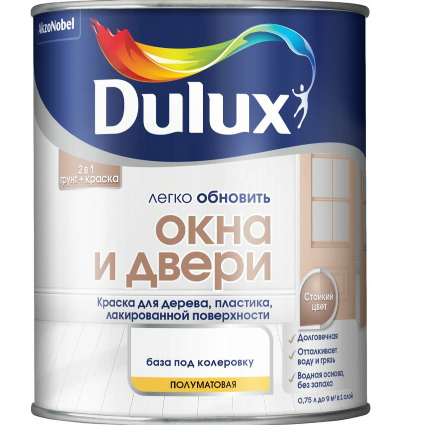 Краска для дерева и пластика водно-дисперсионная Dulux Окна и двери полуматовая база BС 0,75 л.