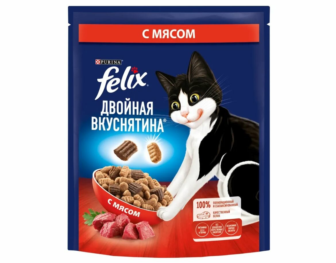 Felix сухой корм для взрослых кошек Мясо, Двойная вкуснятина,200 г