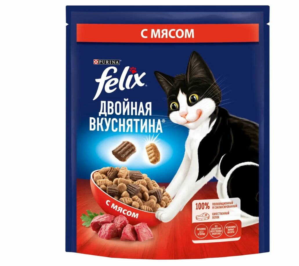 Felix сухой корм для взрослых кошек Мясо Двойная вкуснятина, 200 г, 3 шт