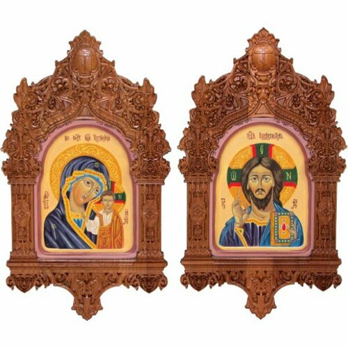 Венчальная пара рукописных икон Вседержитель и Божья Матерь Казанская, арт ИРП-849 венчальная пара икон божья матерь казанская и вседержитель