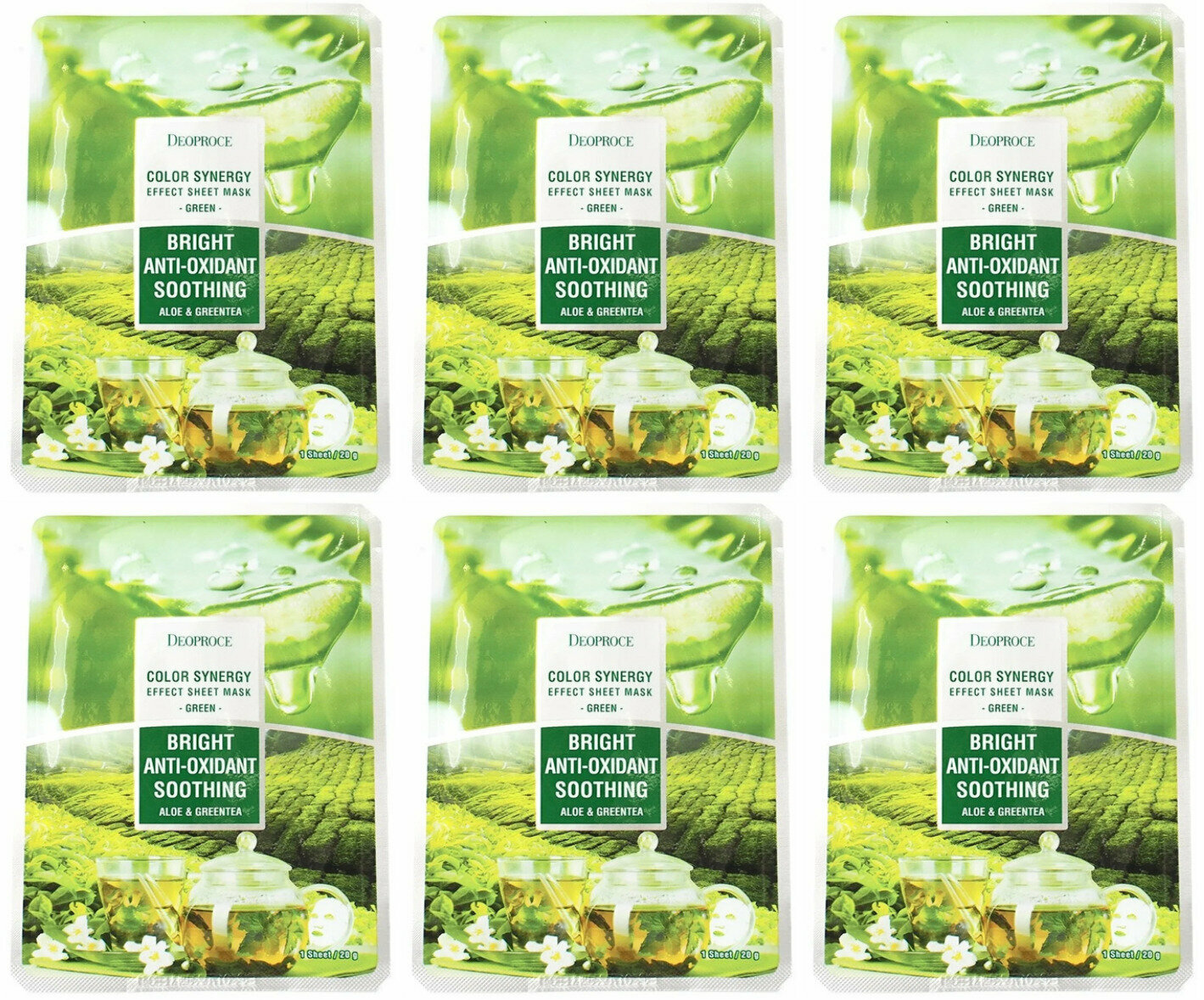 Маска тканевая на основе экстрактов алоэ и зеленого чая DEOPROCE COLOR SYNERGY EFFECT SHEET MASK GREEN 20g 20гр - фото №5