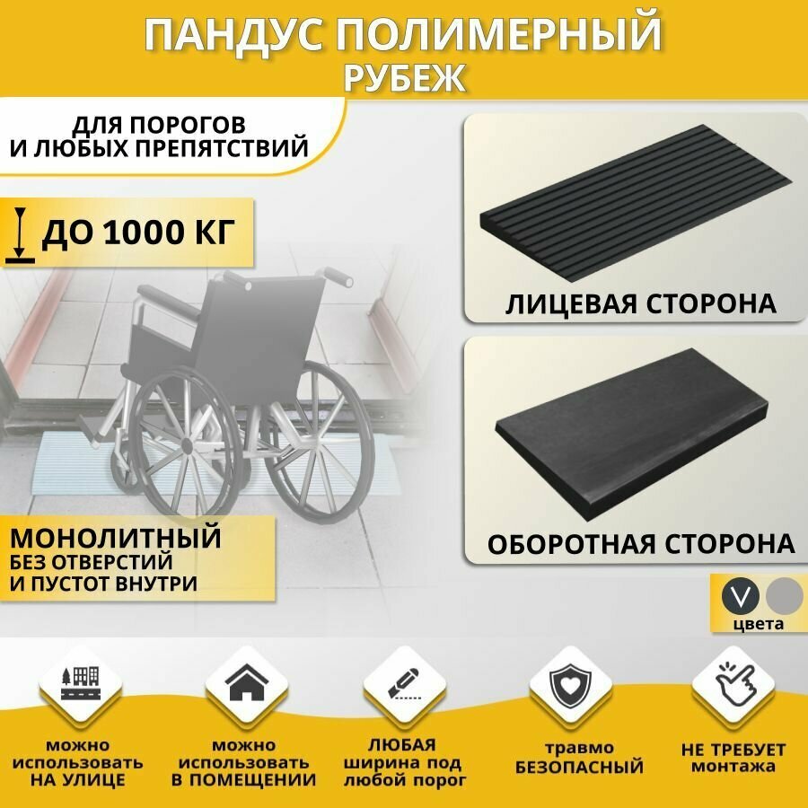 Пандус полимерный рубеж для порогов высотой 1 см (10х300х100 мм), чёрный, для колясок, склада и автомобилей — фото 1