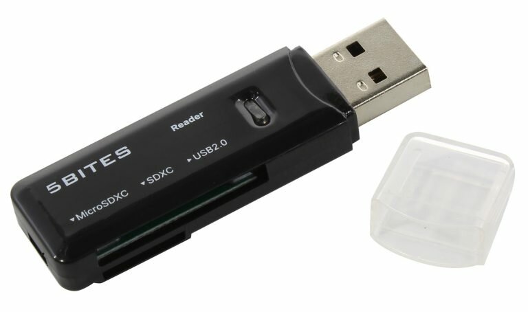 Картридер внешний 5Bites RE2-100BK (USB2.0), для считывания SD, TF-microSD черный