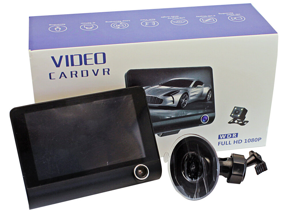 Автомобильный видеорегистратор на присоске VIDEO CARDVR Full HD 1080 / режим записи видео в формате Full HD / с функцией записи аудио / 3 камеры: передняя, салонная, задняя / экран диагональю 4 дюйма