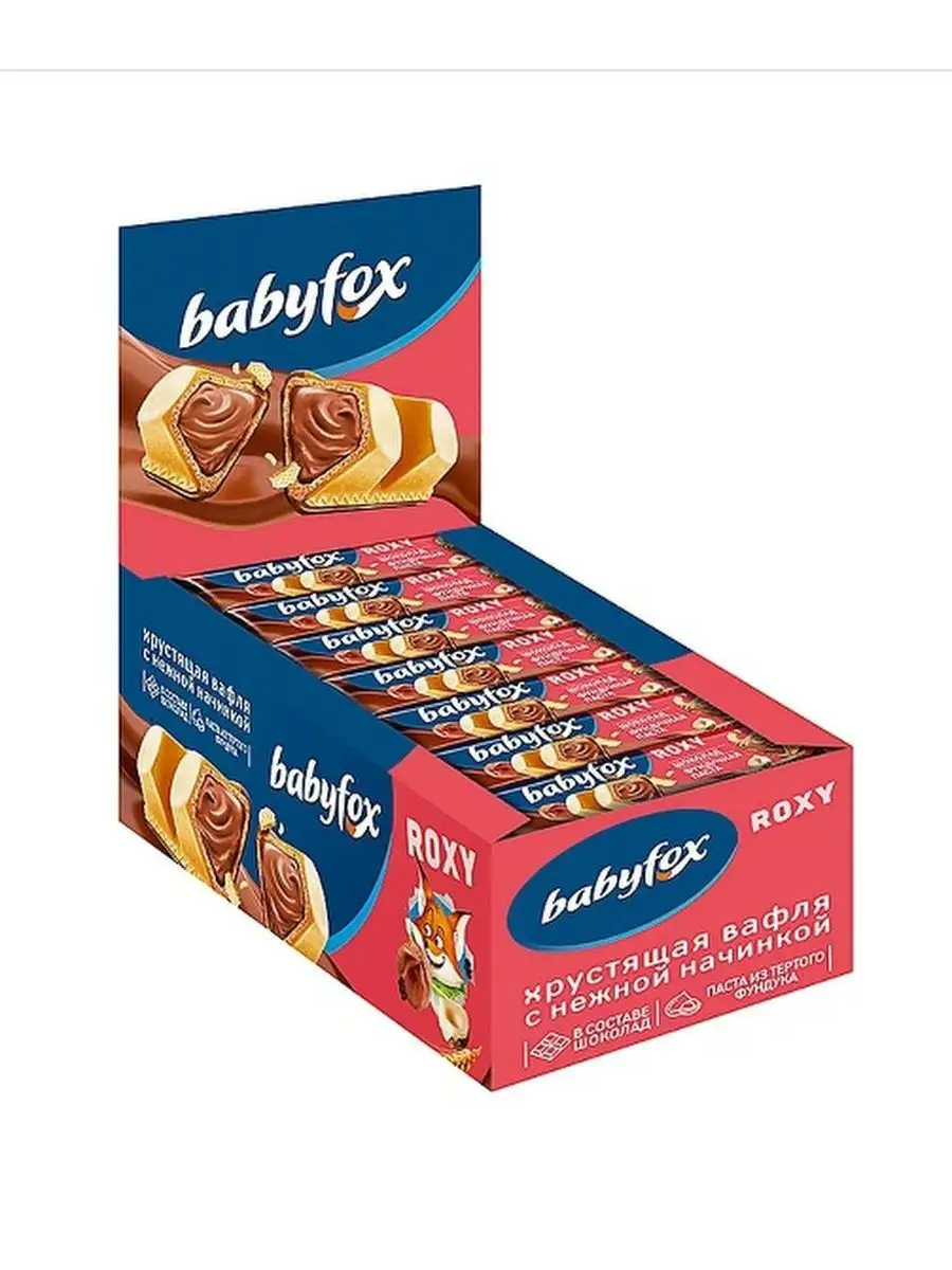 Вафельный батончик BabyFox ROXY в молочном шоколаде с шоколадно-ореховой начинкой на основе фундучной пасты с добавлением какао-24*18 гр.