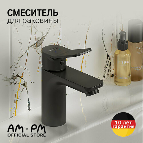 фото Cмеситель для раковины в ванную am.pm brava f88va02122 излив 100 мм, черный, керамический стабилизирующий картридж soft motion, латунь