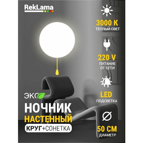 Светильник бра светодиодный настенный круг, 50*50 см питание от сети(сонетка), 1 шт