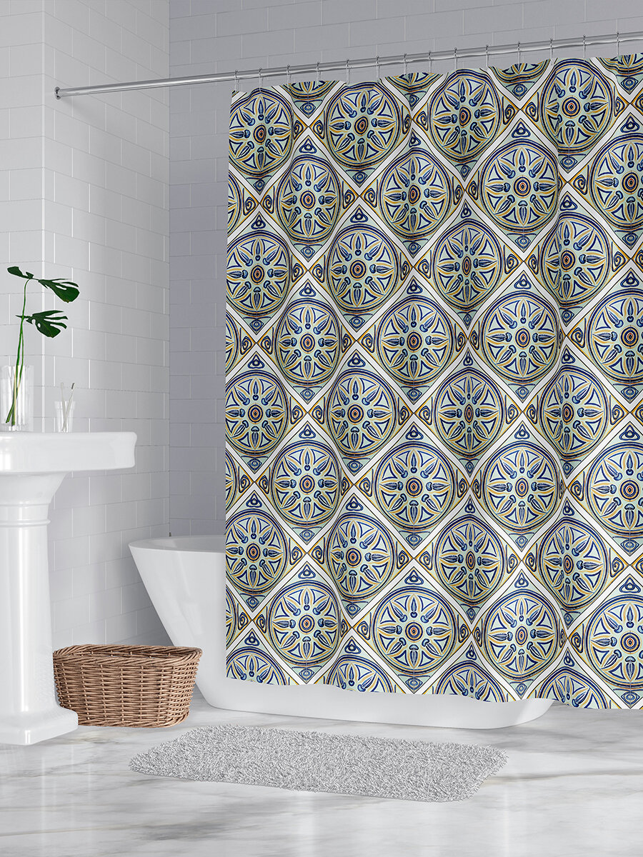 фото Штора для ванной "Синий орнамент", 170х200 см с кольцами