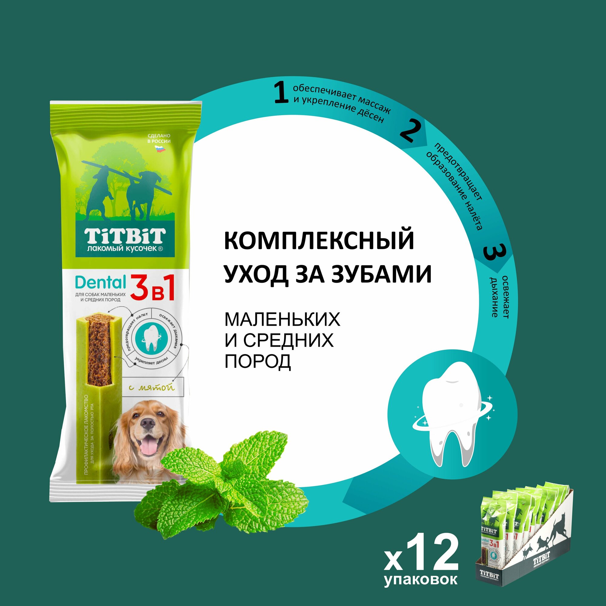 Лакомство для собак TiTBiT Dental 3в1 с мятой для собак мелких и средних пород 12 шт.
