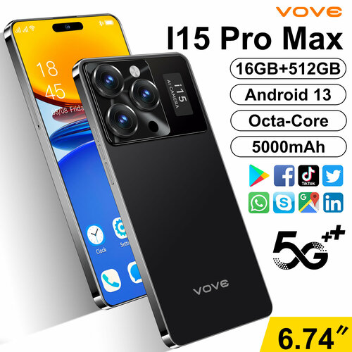 Полноэкранный HD-смартфон i15 Pro Max 16512 ГБ 2-SIM 90 Гц 11000₽