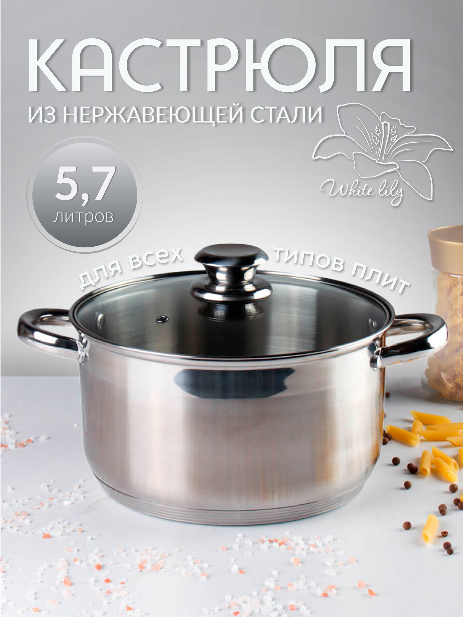 Кастрюля нержавеющая сталь Ария 5,7 л для всех типов плит / индукция