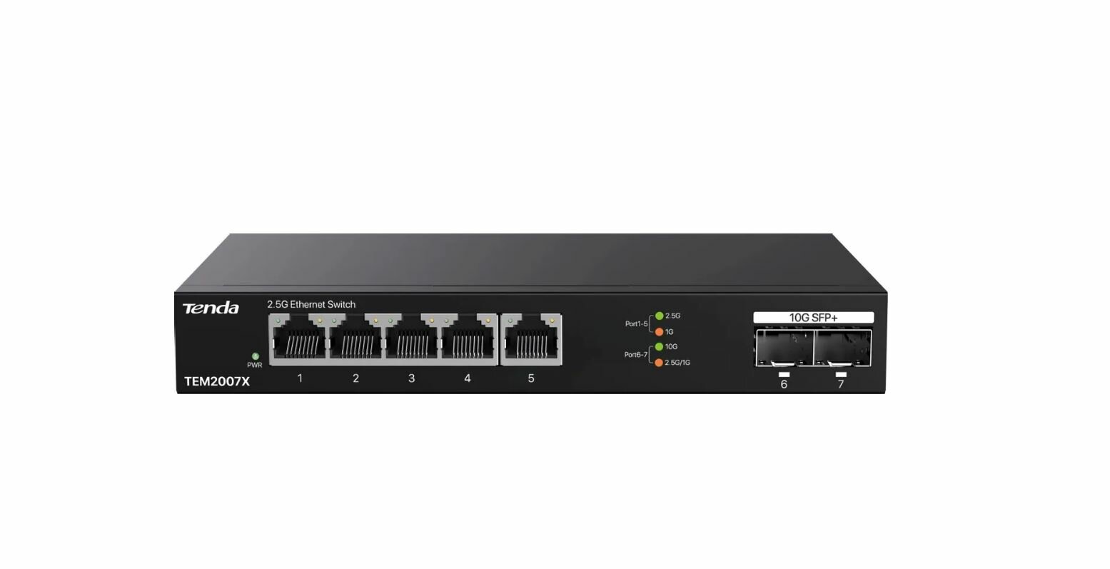 Tenda TEM2007X Коммутатор неуправляемый, 7 портов, RJ-45 5х2,5 Гбит/с, SFP+ 2х10 Гбит/с, настольный, металлический — фото 1