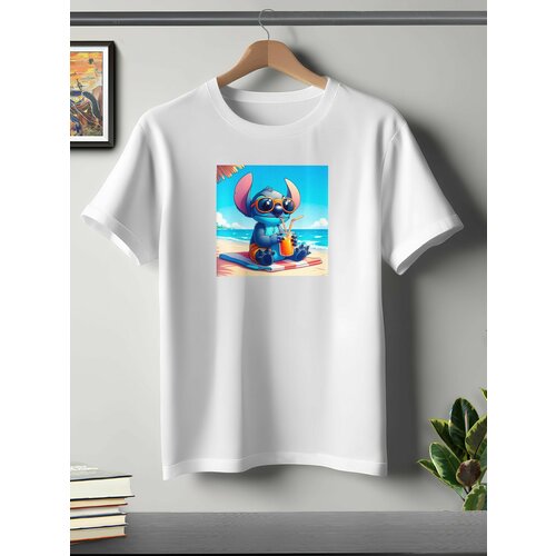 фото Футболка oneq унисекс 56-58 (3xl) размер с принтом стич, белая, размер 3xl, белый