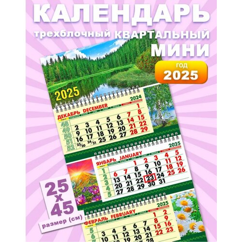 Календарь 2025 год , река, настенный квартальный, на 3 спиралях, размер 25*45 см,