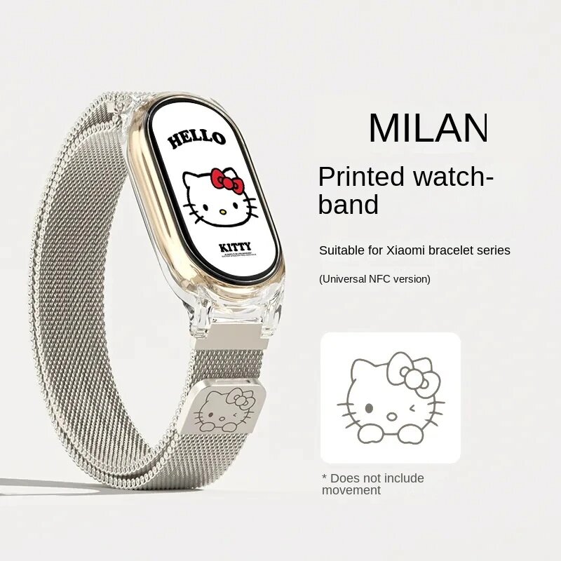 Фигурки Xiaomi Ремешок для часов Sanrio Hello Kitty Milanese, совместимый с Xiaomi Mi Band 8/7/6/5/4/3, металлический магнитный ремешок для часов в стиле аниме, совместимый с ремешком для часов Xiaomi Mi Band NFC.