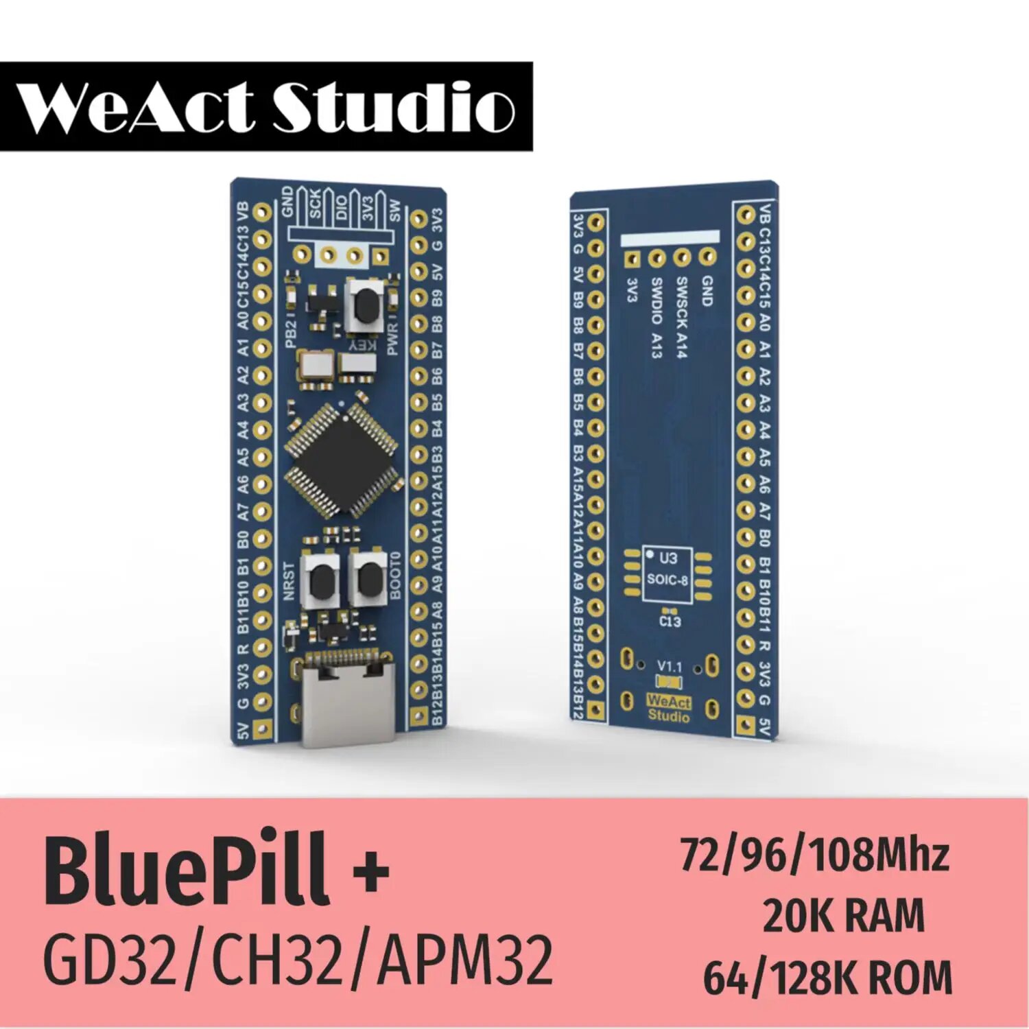 Плата обучения WeAct BlueBill Plus APM32F103CBT6 GD32F103CBT6 CH32F103C8T6 CH32V203C8T6, вместо STM32F103C8T6, GD32F103CBT6