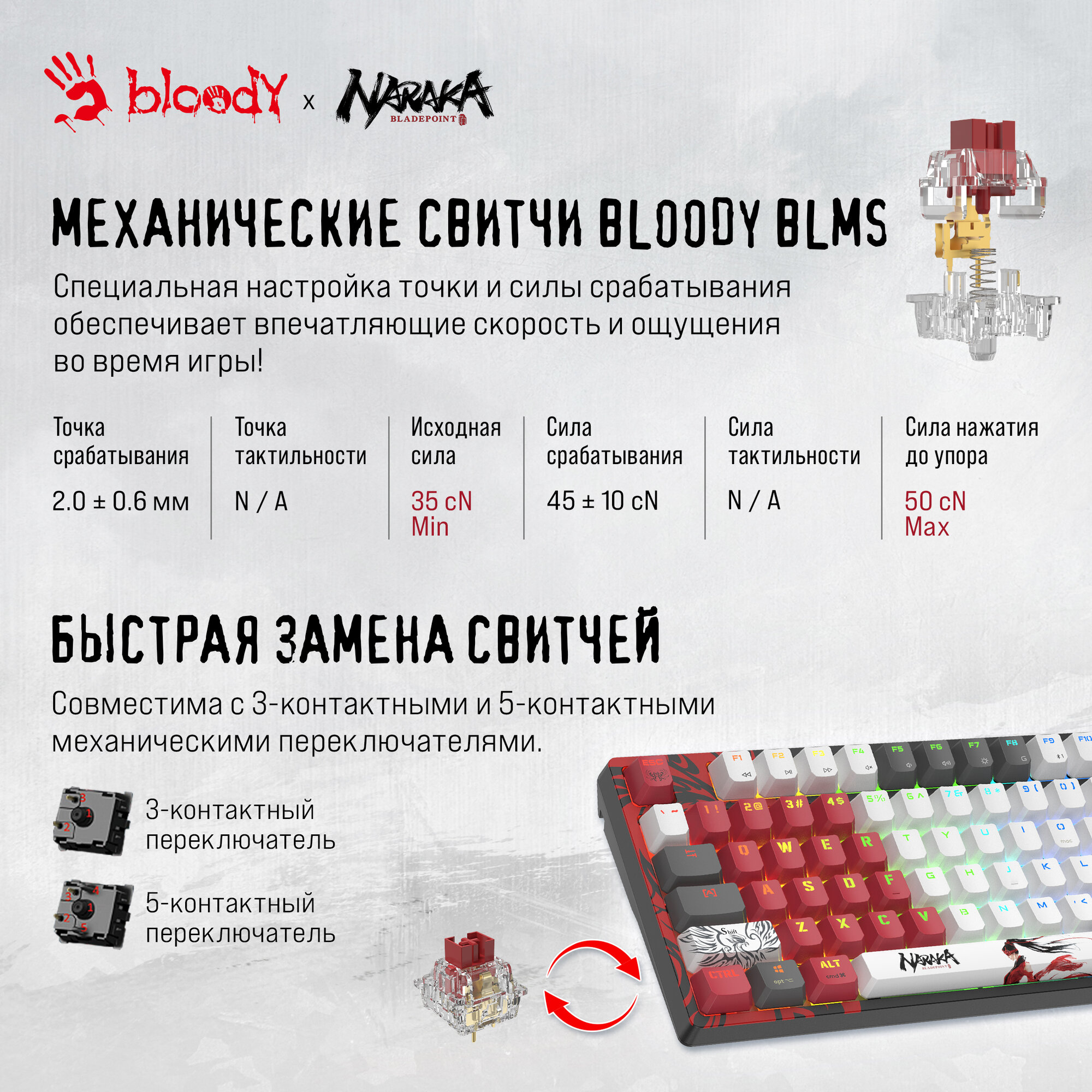 Клавиатура механическая A4Tech Bloody WS87 Naraka черный/красный, интерфейс USB, игровые клавиши, подсветка LED (WS87) — фото 1