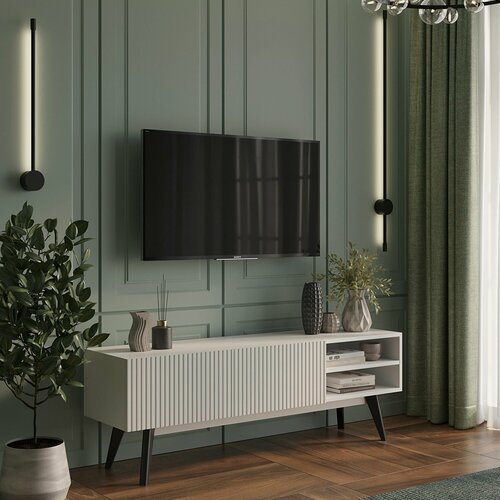 Изображение товара Тумба под телевизор цифра мебель "Виктория 1380", ЛДСП, МДФ, белая, 138см x 35,5см x 47см