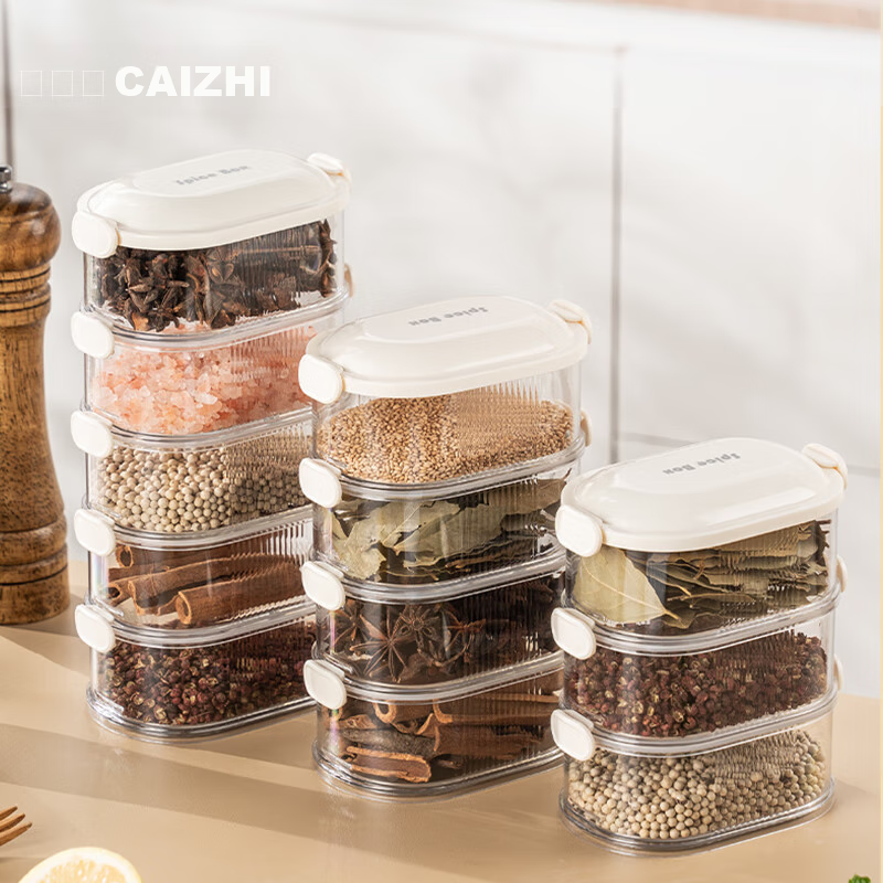 CAIZHI Spice Storage Box Dried Chili Pepper Seasoning Container Sichuan Pepper Star Anise Cinnamon Individual Compartment Box Sealed Container 5 Layers CZ6892