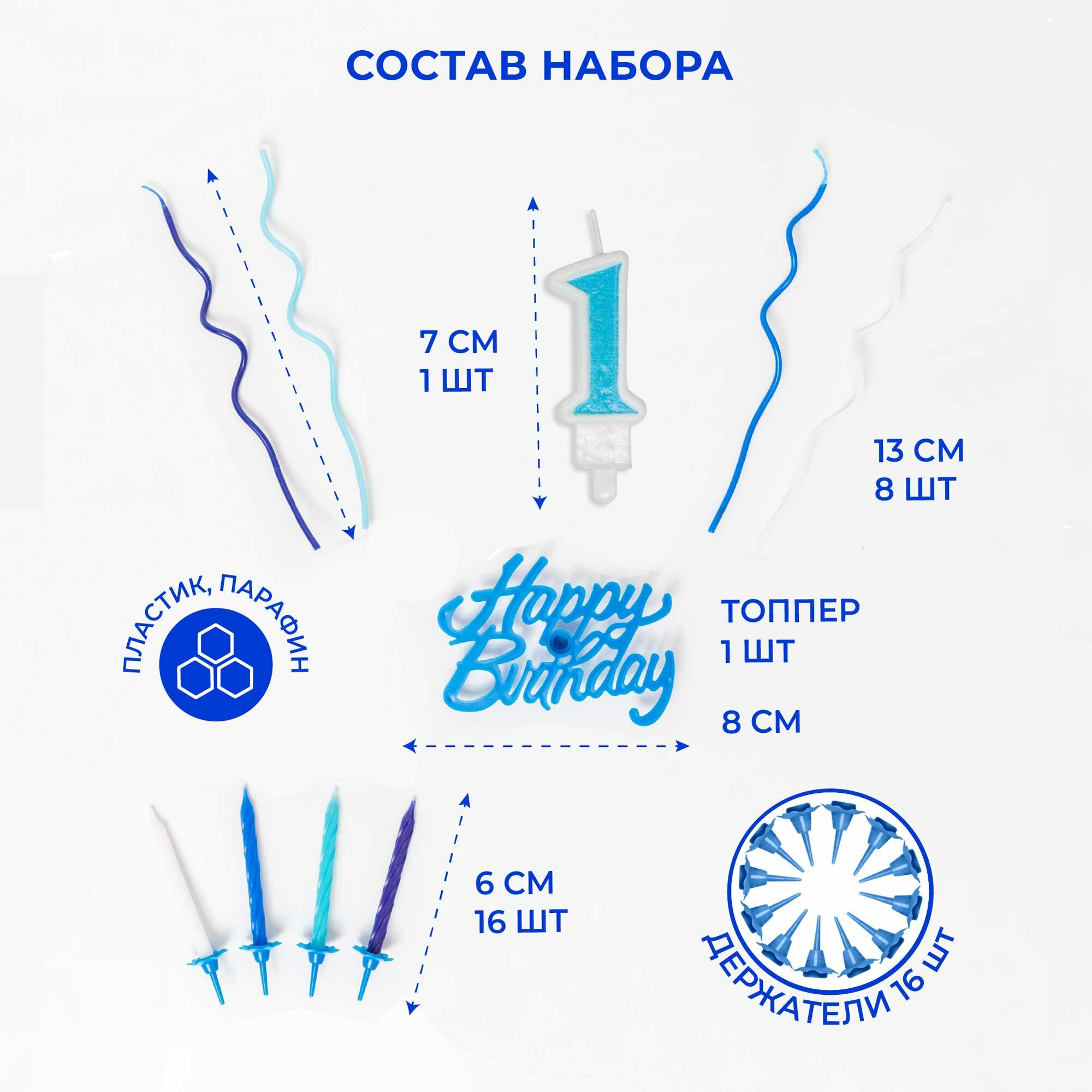 Свечи и топпер для торта Fiolento "Happy Birthday на 1 годик", большой набор 25 штук, голубой — фото 1