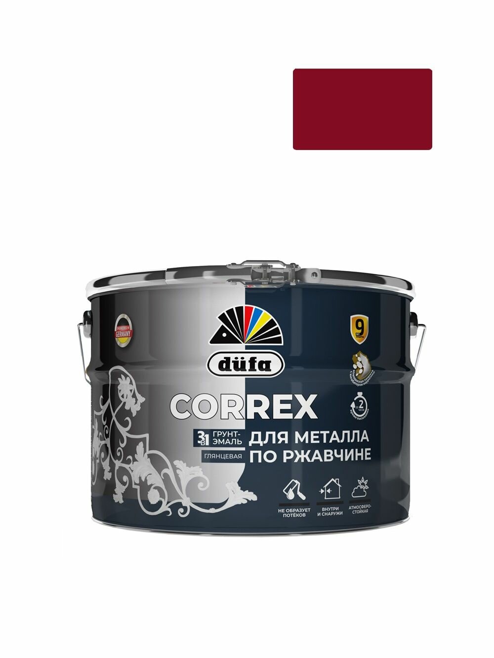 Грунт-эмаль по ржавчине гладкая Correx 3 в 1 RAL-3005 винно-красный 10 л