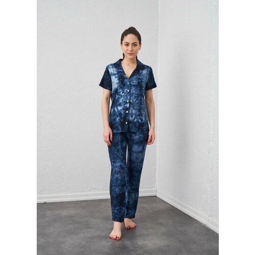 фото Пижама relax mode, брюки, рубашка, короткий рукав, размер 52, синий, белый