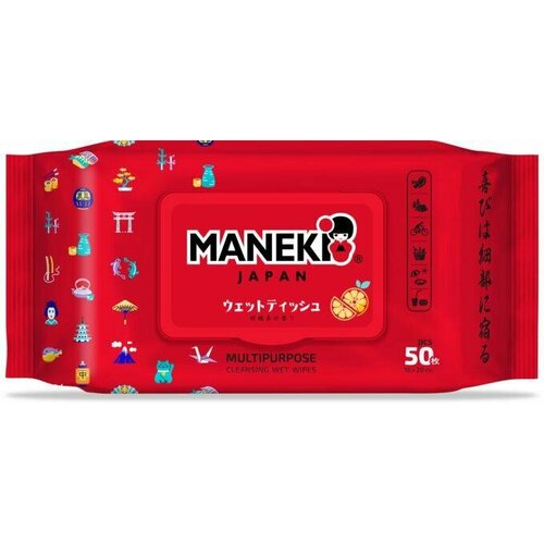 Maneki Red Салфетки влажные очищающие универсальные с ароматом цитрусового микса 50 шт