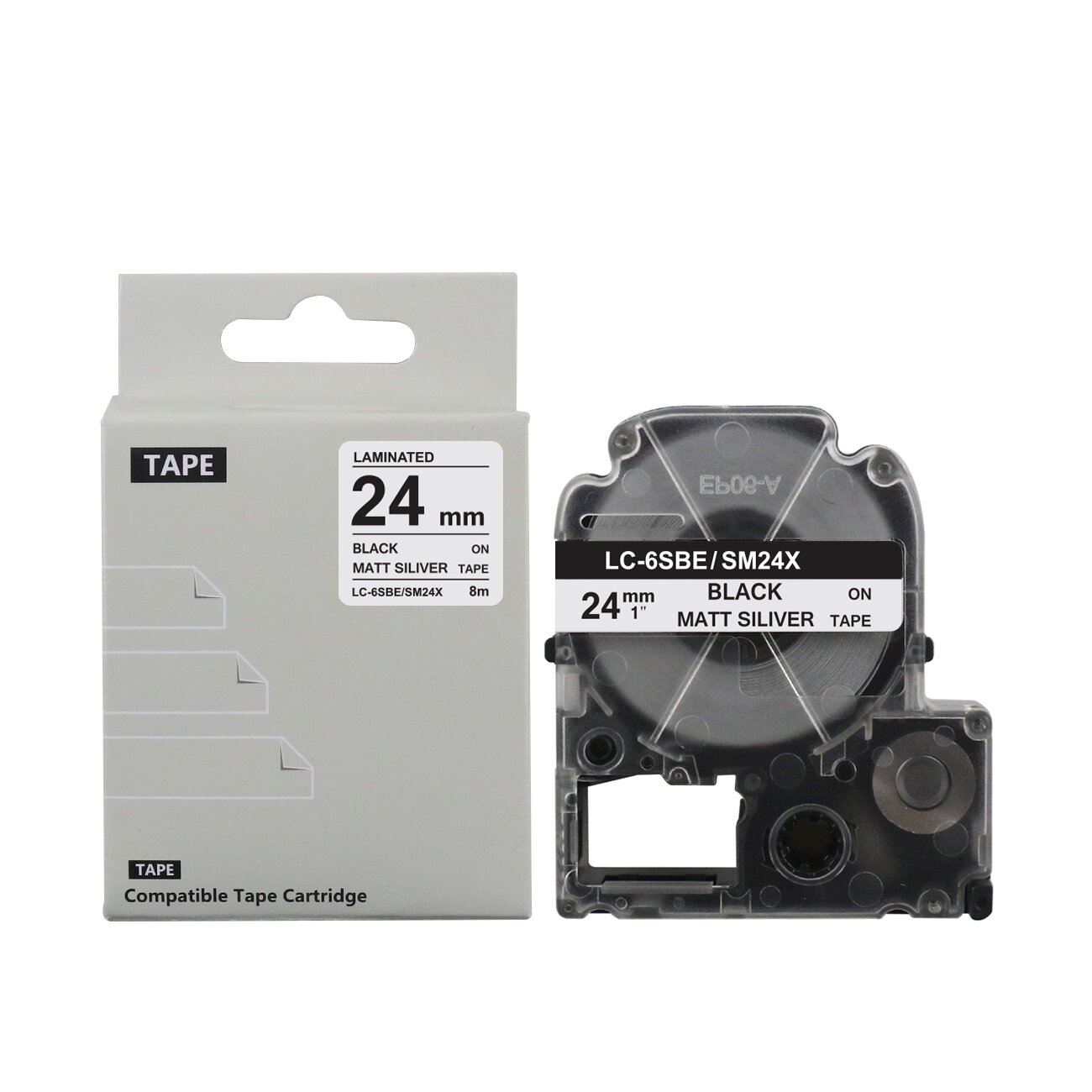 Картридж BYZ LC-6SBE/SM24X с термолентой для принтеров Epson, 24 мм, 8 м, черный текст на матовой серебристой ленте