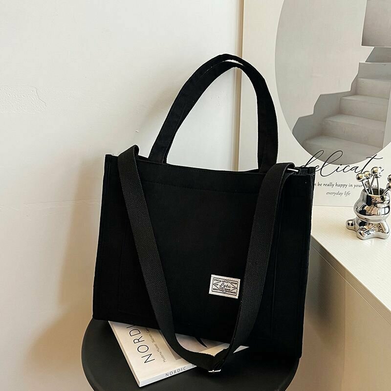 Сумка шоппер большая женская из вельвета через плечо / компактная вместительная хозяйственная сумка в эко-стиле / цвет: черный