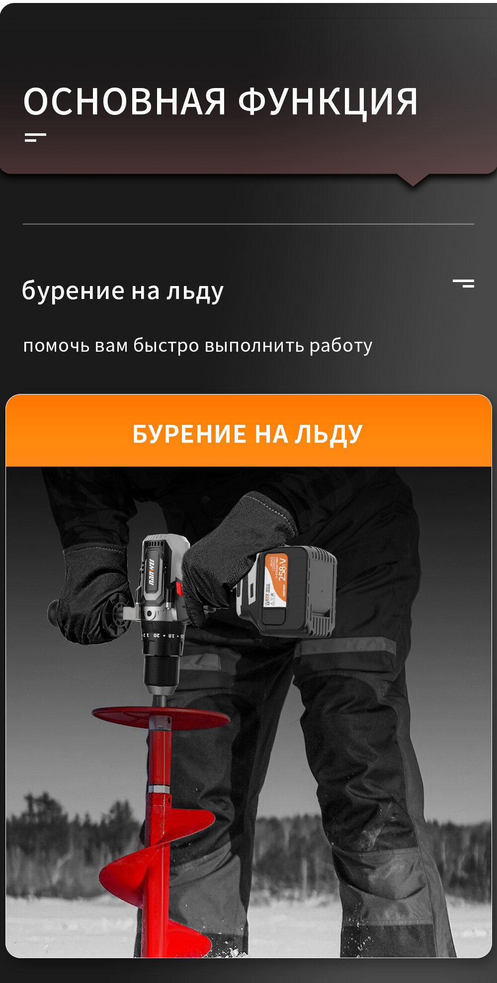 Шуруповерт аккумуляторный бесщеточный для ледобура NANWEI 258tV 6.0 Ah, для зимней рыбалки — фото 1