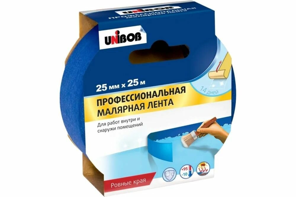 Unibob Профессиональная малярная лента для внутренних и наружных работ синий 25 мм х 25 м