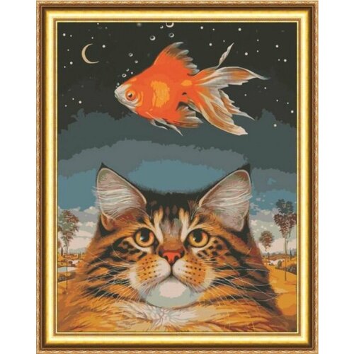 алмазная мозаика круг чеширский кот 40х50 см Алмазная мозаика 40х50 Кот и золотая рыбка на холсте с подрамником (картина круглыми стразами)