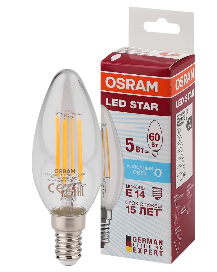 Лампочка филаментная светодиодная Osram LED Star, 600лм, 5Вт, 4000К, нейтральный белый свет, E14, свеча