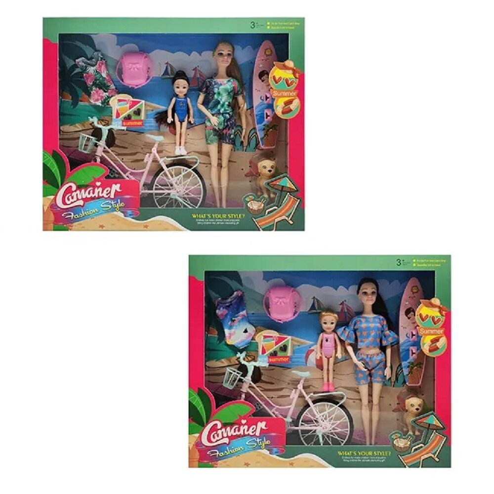 Кукла для девочек шарнирная 29 см на велосипеде с ребенком 14 см, питомцем и аксессуарами для пляжа, KQ168A/ZY1487363