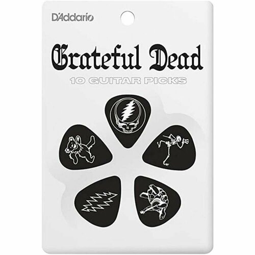 Медиаторы PLANET WAVES 1CBK4-10GD1, Grateful Dead Signature. В наборе 10 чёрных целлулоидных медиаторов 0,50 мм