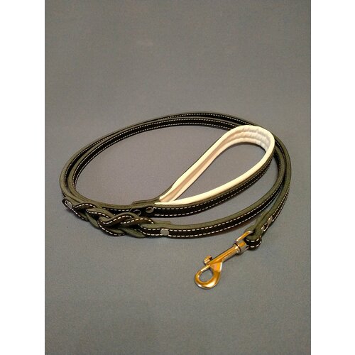 Поводок для собак кожаный с анатомической ручкой 1,7м х 1 см, 2 слоя кожи, с плетением. Черный.