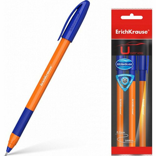 Шариковая ручка ErichKrause U-109 Orange Stick&Grip 1.0, синий в пакете по 3 шт 47592 ручка шариковая erichkrause® u 109 orange stick